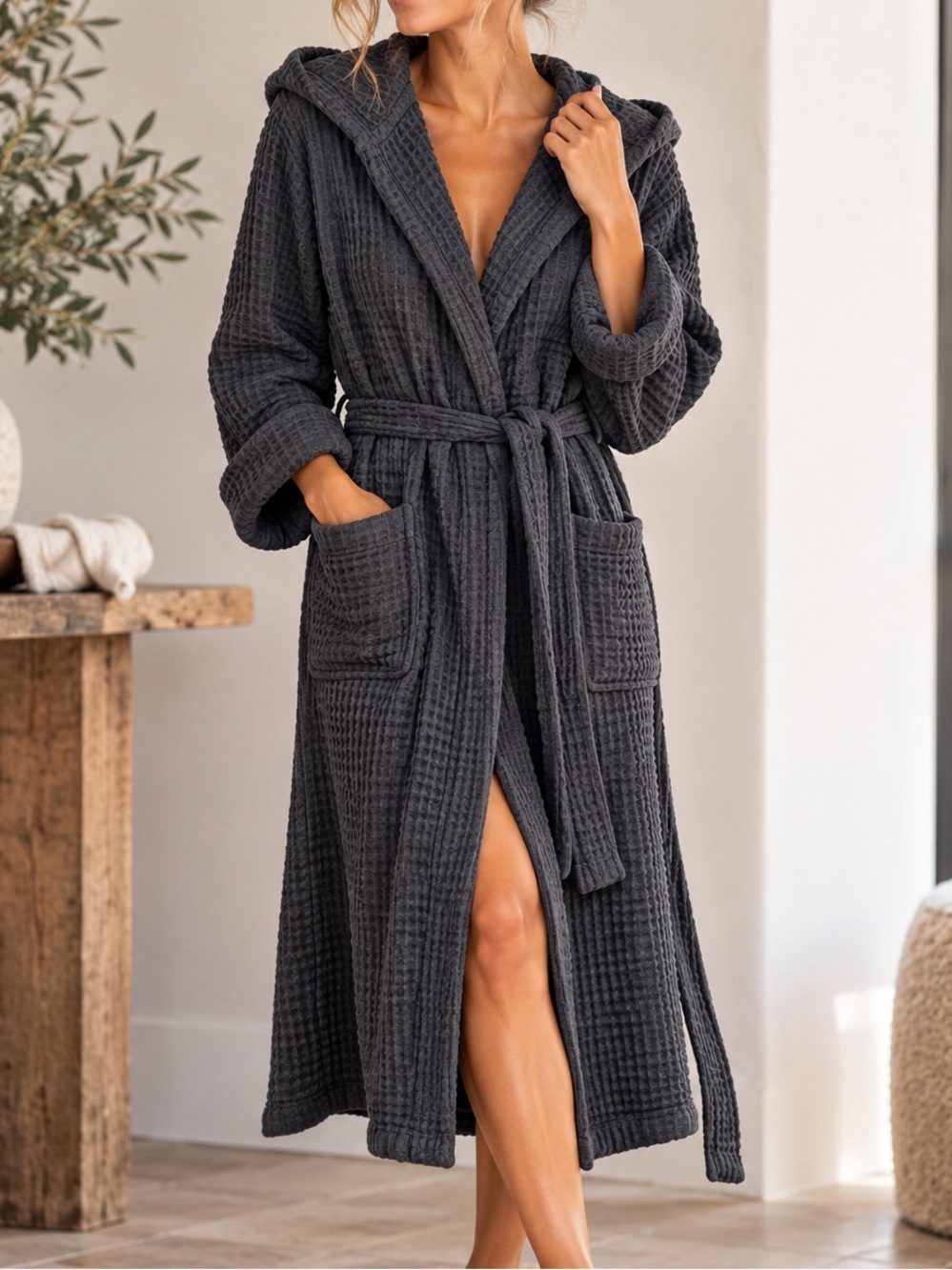Casamera Waffle Knit Hooded Robe L/XL Charcoal Gray Belted Spa Bathrobe